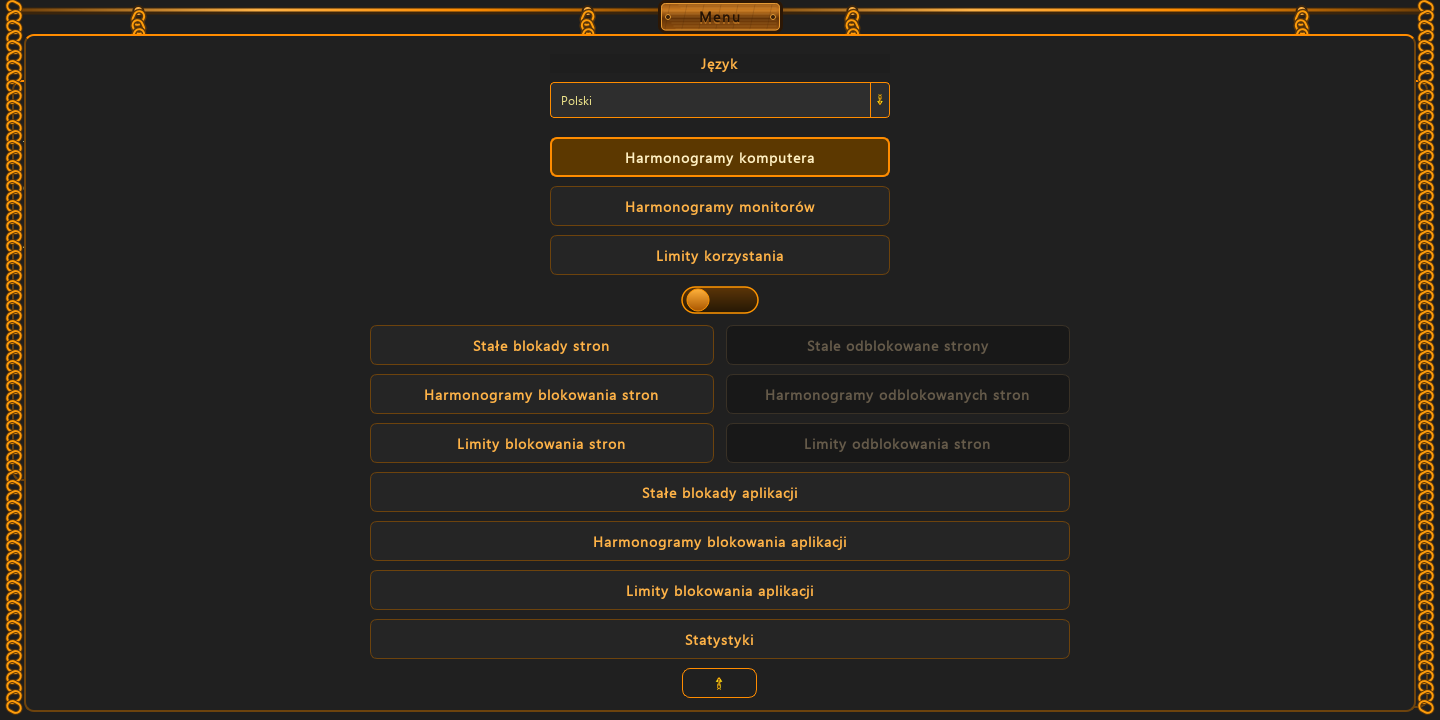 Blokady aplikacji i statystyki są w menu